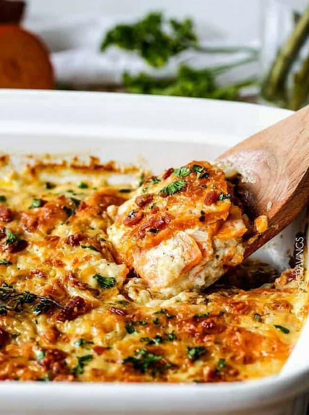 Herb Scalloped Sweet Potatoes and Bacon au Gratin