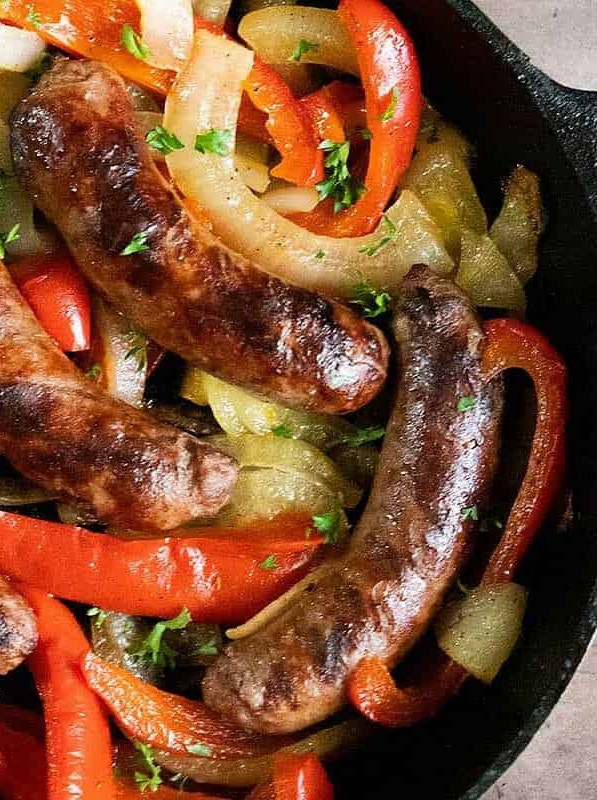 Grilled Beer Brats with Peppers and Onions