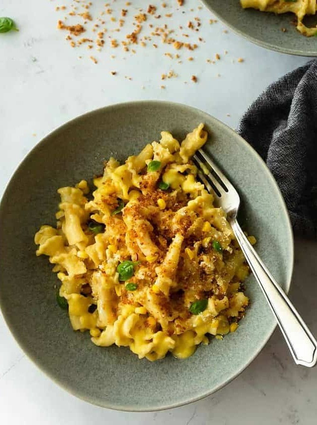 Pasta with Creamy Corn Sauce, Basil, and Breadcrumbs