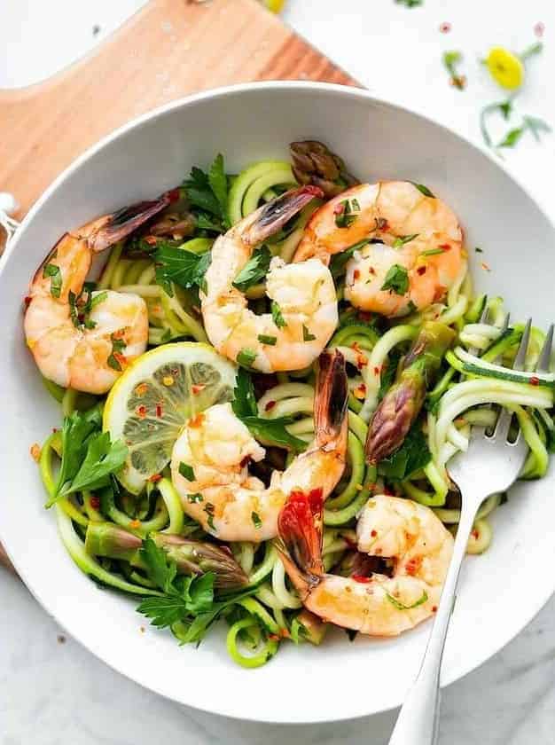 Garlic Shrimp and Asparagus Over Zucchini Noodle Pasta