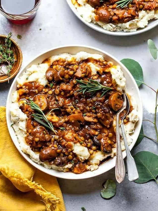 Lentil and Mushroom Stew Over Potato-Parsnip Mash