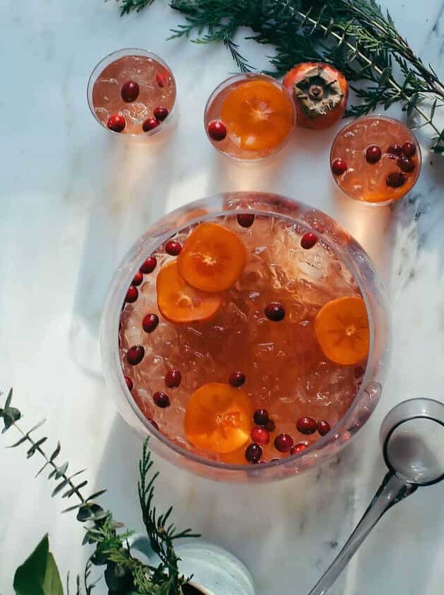 Sparkling Rosé Punch With Persimmon & Cranberries