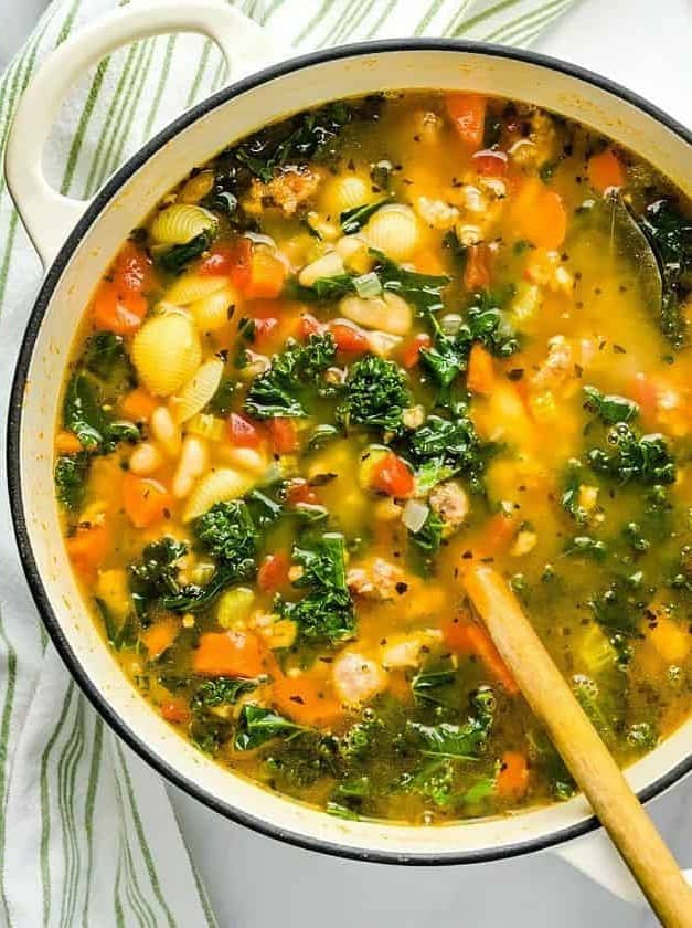 Spicy Italian Sausage Soup with White Beans, Pasta & Kale