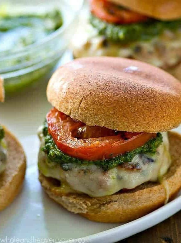 Pesto Mozzarella Turkey Burgers with Grilled Tomatoes