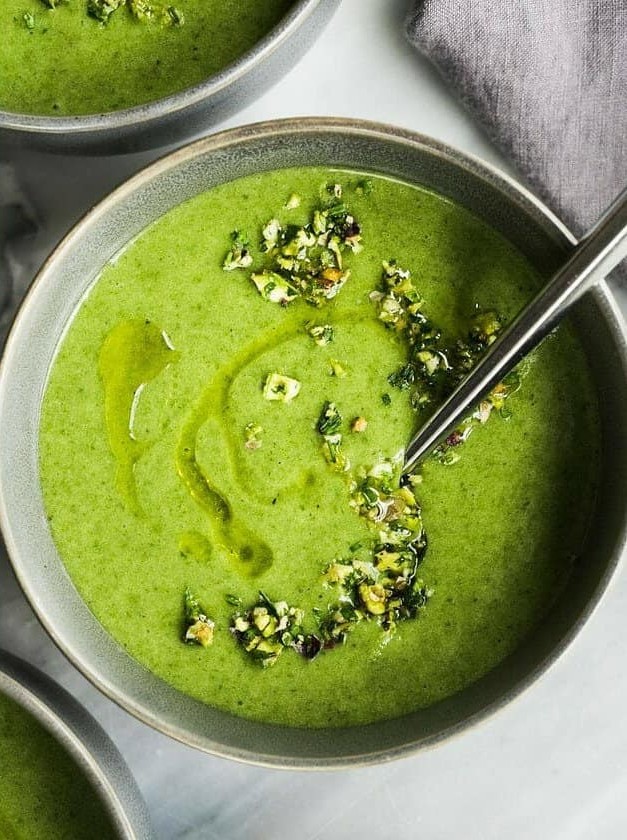 Spinach Potato Soup with Pistachio Gremolata