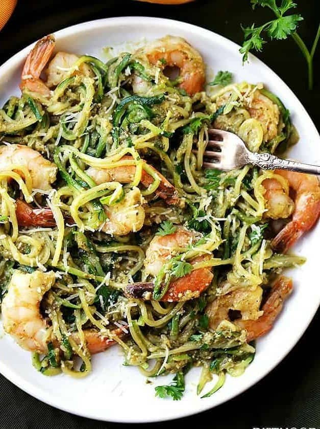 Pesto Zucchini Noodles and Shrimp