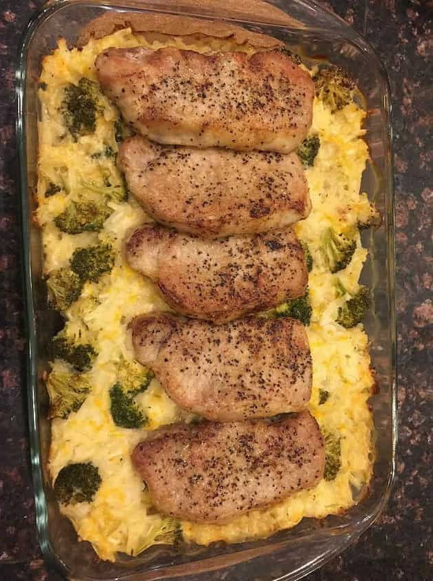 Cheesy Broccoli and Potato Pork Chop Bake