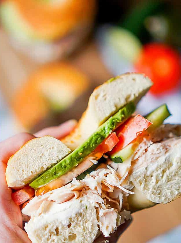 Veggie and Cream Cheese Turkey Bagel Sandwich