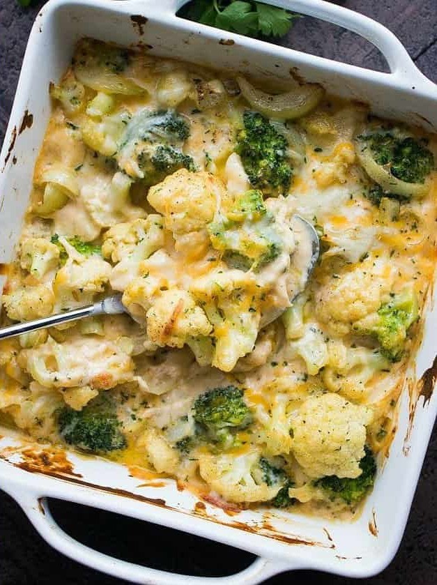 Garlicky and Cheesy Cauliflower Broccoli Bake