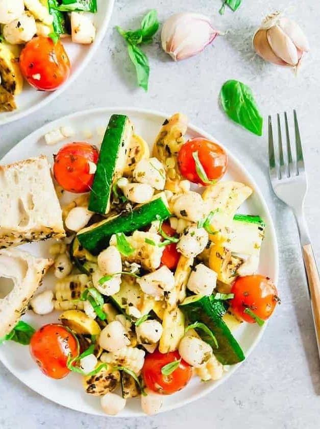 Grilled Basil Butter Bay Scallops with Summer Vegetables