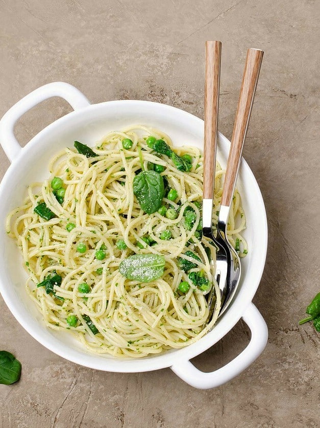 Garlic, Peas, Basil, and Pecorino Bucatini