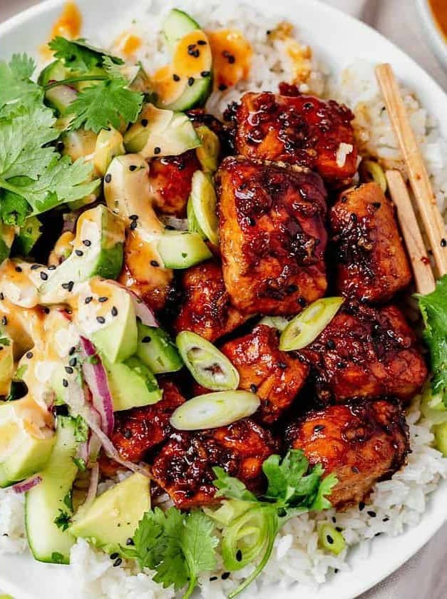 Honey Garlic Salmon Rice Bowls