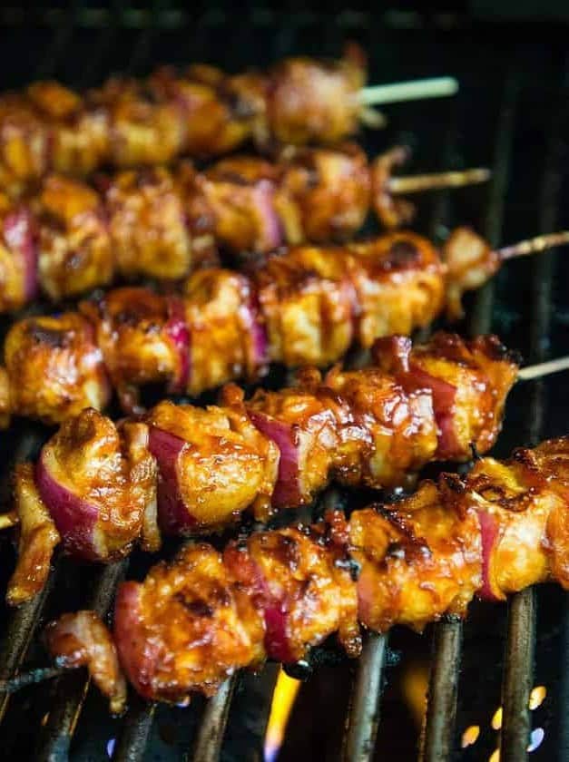 Barbecued Bacon Bourbon Chicken Skewers