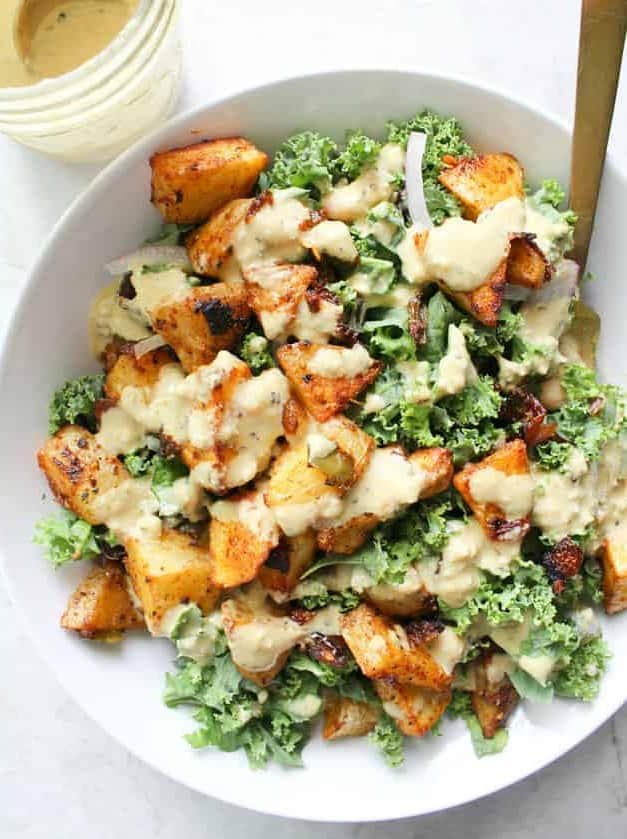 Spicy Potato Kale Bowls with Mustard Tahini Dressing