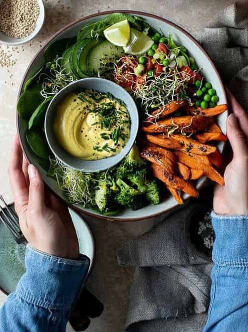 Sweet Potato Wedges Buddha Bowl with Curried Coconut Dip