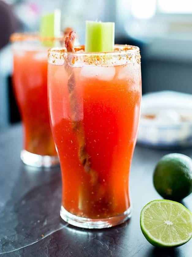 Bloody Mary Michelada With Bacon Swizzle Stick