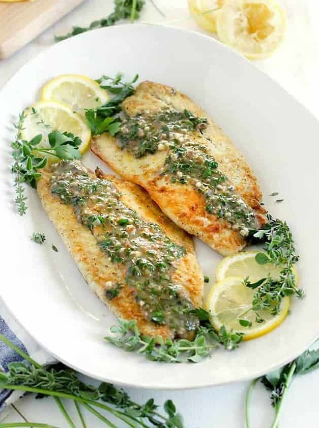 Pan Fried Sea Bass with Lemon Garlic Herb Sauce