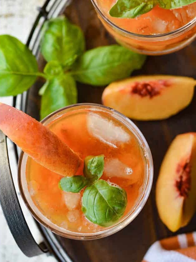 Basil and Fresh Peach Bourbon Cocktail