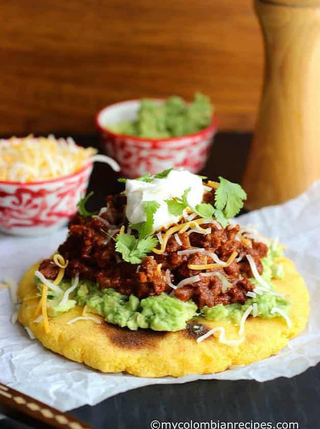 Arepas with Beef Chili, Guacamole and Cheese