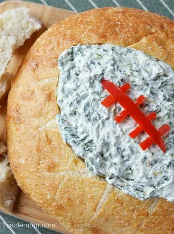 Football Shaped Bread Bowl with Spinach Dip