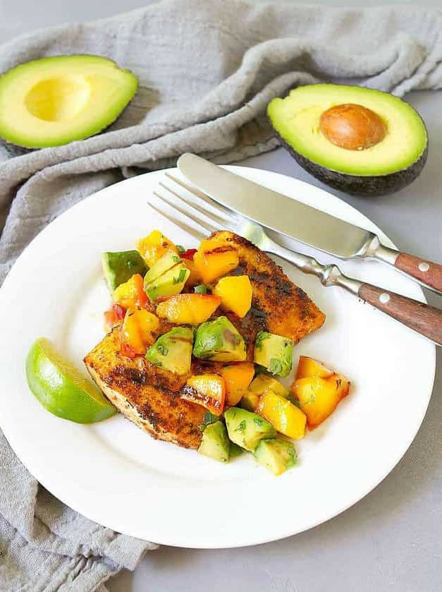 Grilled Mahi Mahi with Grilled Avocado Peach Salsa