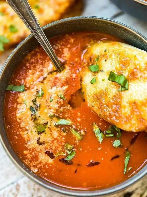 Tomato Soup with Cheesy Crostini