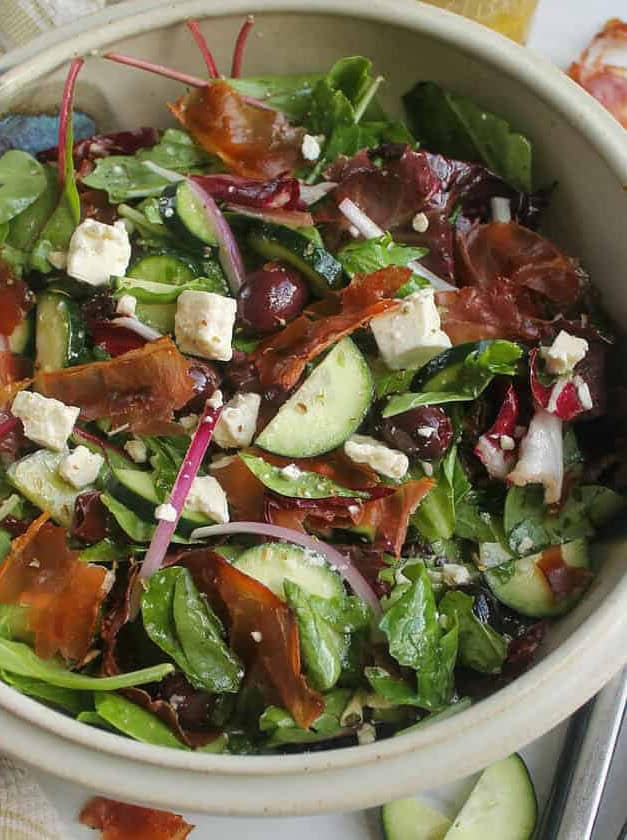 Italian Mixed Greens Salad with Crispy Prosciutto