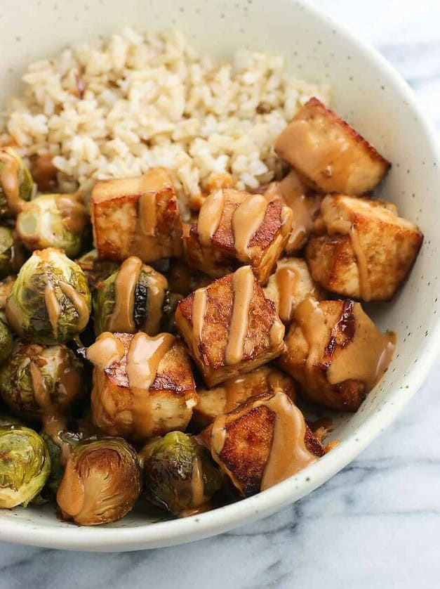 Sheet Pan Tofu with Peanut Sauce and Brussels Sprouts