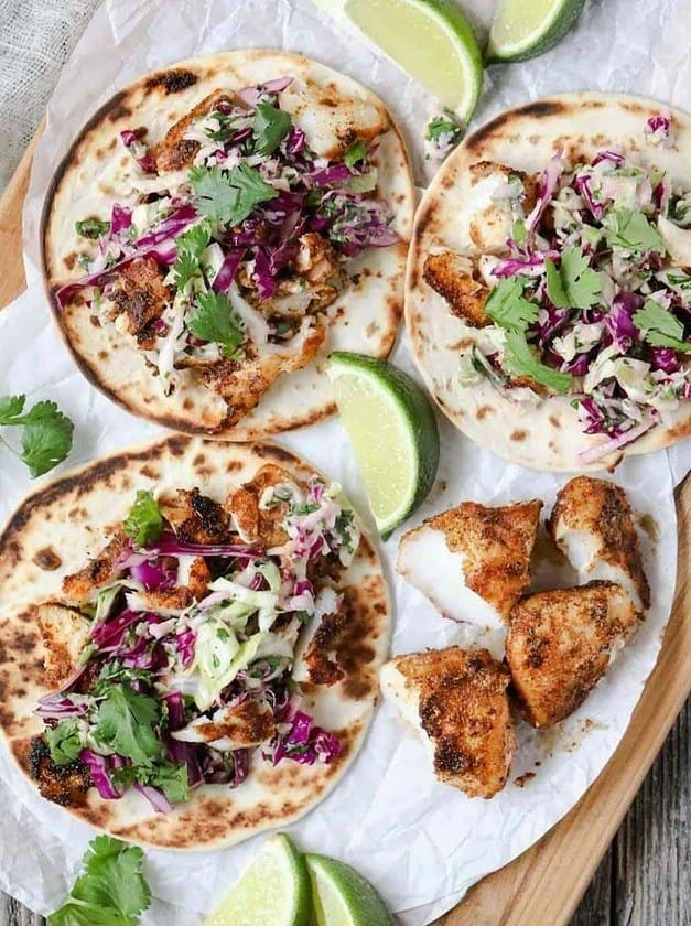 Blackened Redfish Tacos with Cilantro Lime Slaw