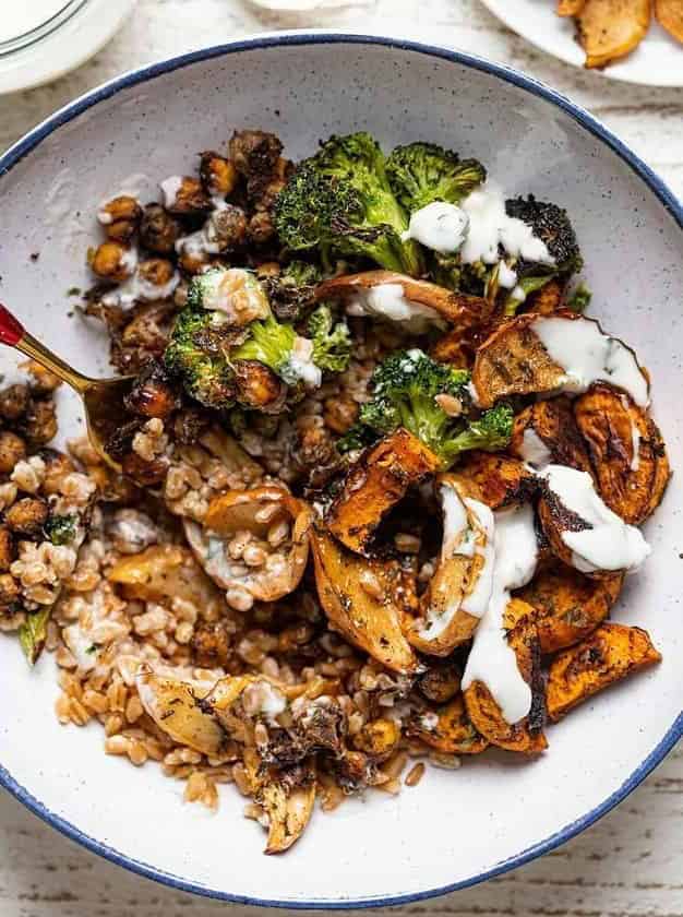 Jerk Vegetable Farro Bowl with Maple Herb Apples