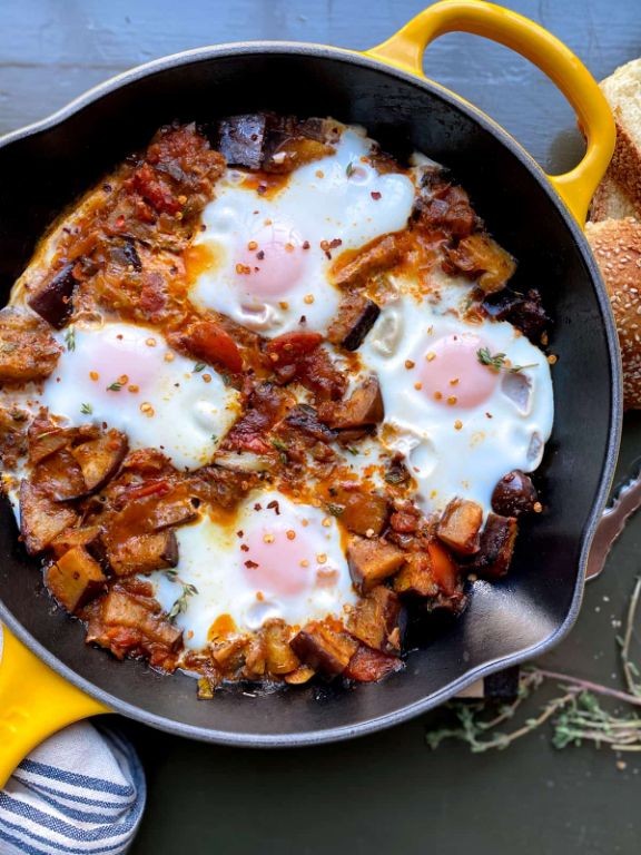 Eggplant Shakshuka with Poached Eggs